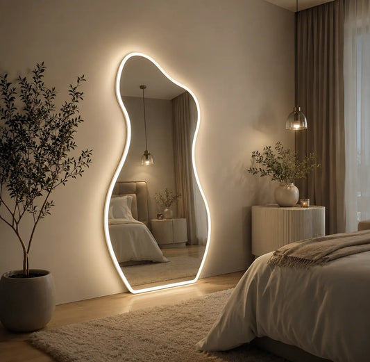 Luxury irregular LED mirror with ambient backlit lighting and organic shape design