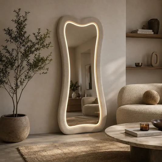 A large full-length curved LED floor mirror featuring a thick plush cream textured frame with a wavy inner illuminated neon glow border,