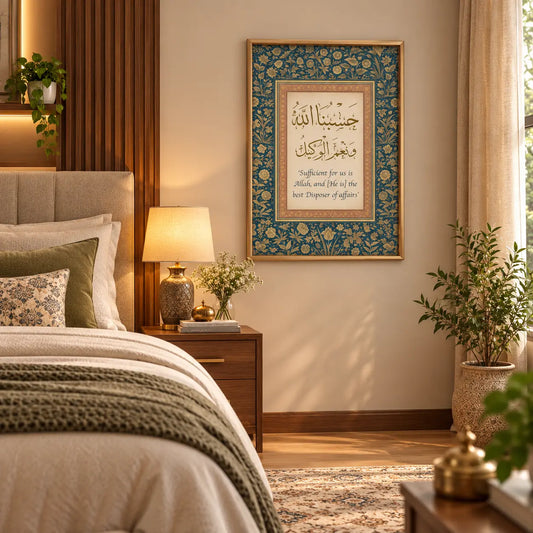 Hasbunallahu Wa Ni'mal Wakeel Arabic calligraphy frame featuring ornate Islamic border patterns in muted grey and blue by Decorsz Pakistan