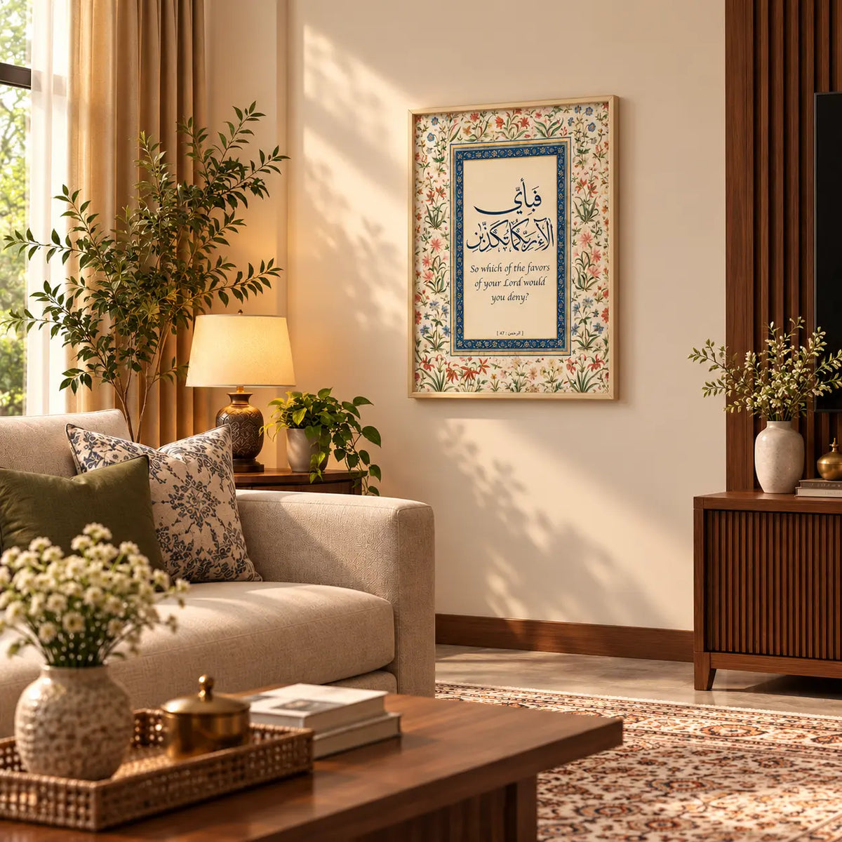 Elegant Islamic calligraphy wall art featuring Fabi Ayyi Ala i Rabbikuma Tukazziban in Arabic with an English translation and floral decorative border.
