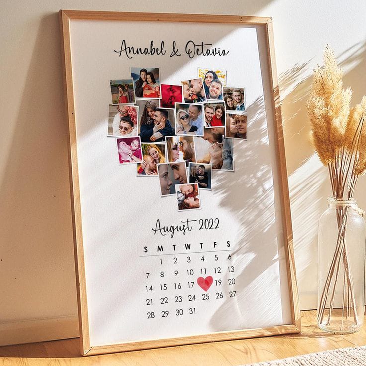 Heart Shape Photo Collage Anniversary Frame | Custom Date Calendar Gift for Annabel & Octavia