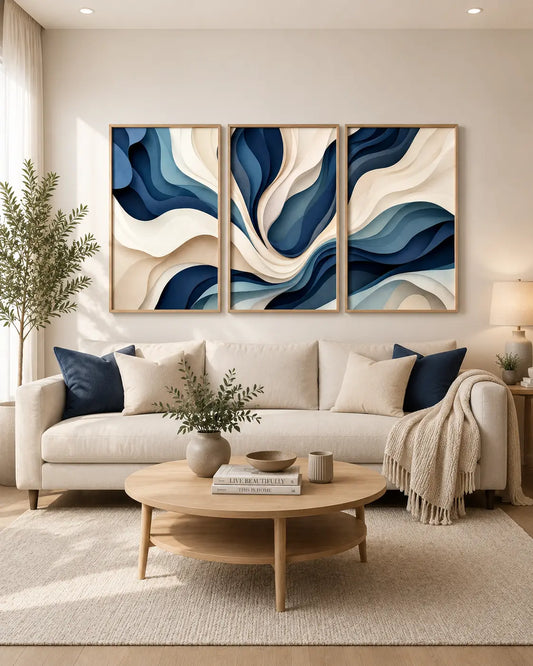 Blue abstract wall art set of 3 featuring flowing navy and beige artwork above a master bedroom headboard by Decorsz Pakistan.