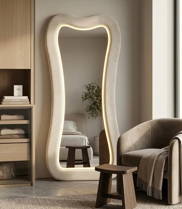 A large full-length curved LED floor mirror featuring a thick plush cream textured frame with a wavy inner illuminated neon glow border,