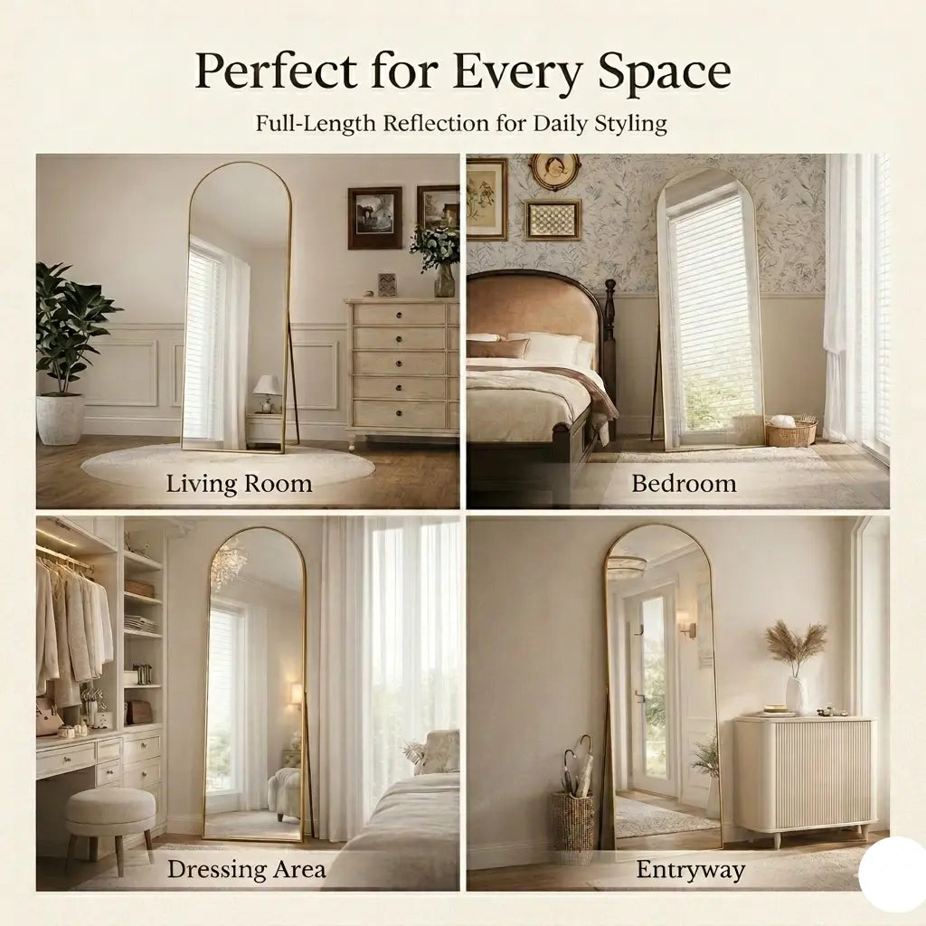 A four-panel product infographic showcasing a gold arched full-length standing floor mirror styled in a Living Room, Bedroom, Dressing Area, and Entryway for daily styling