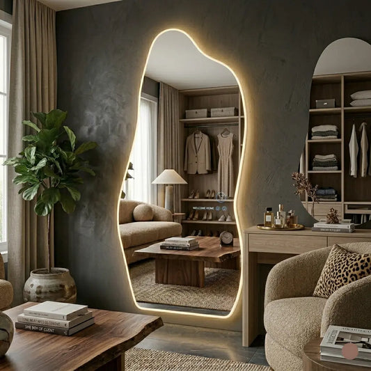 A pair of modern irregular-shaped LED mirrors with organic wavy frames and illuminated warm lighting mounted on a contemporary concrete texture wall in an upscale home decor setting