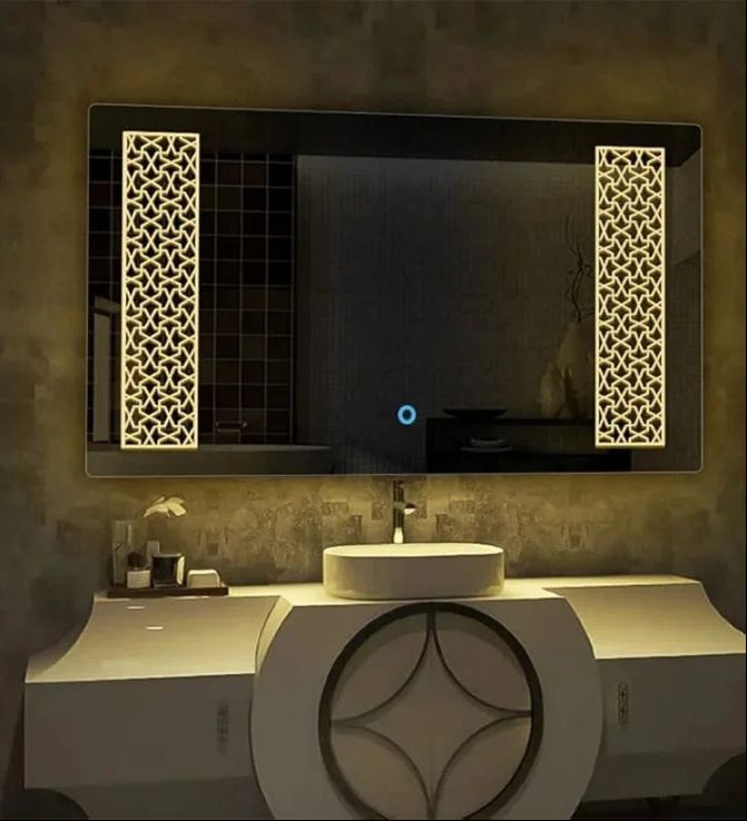 rectangular decorative led mirror with illuminated side panels above modern vanity sink