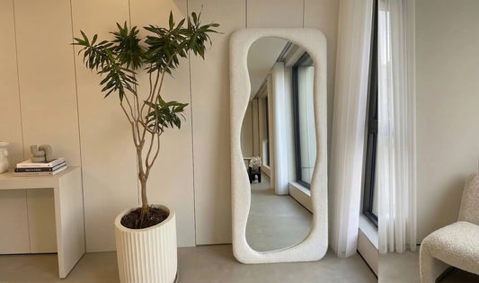 Modern full length standing mirror in luxury bedroom interior