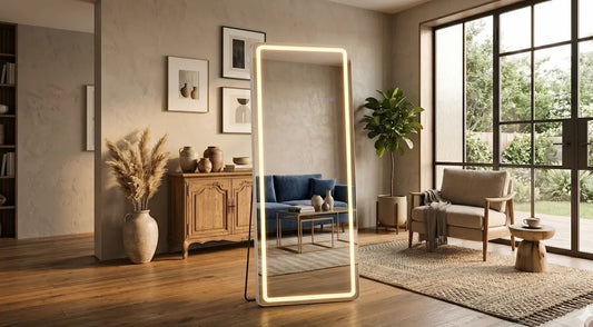 Modern full length standing mirror in luxury bedroom interior