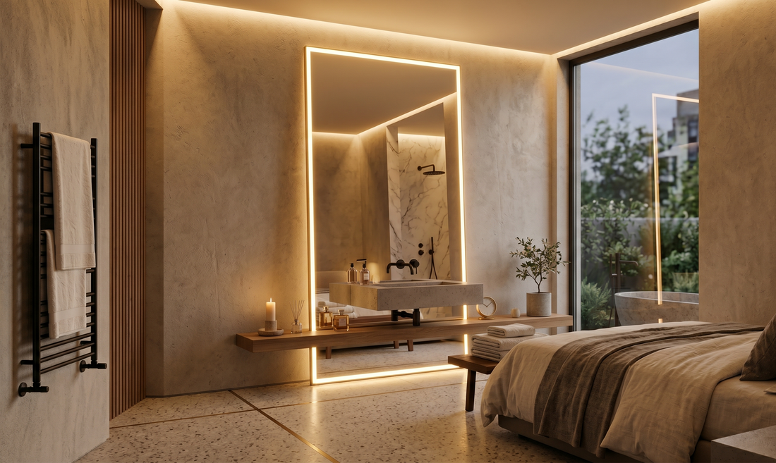 Modern full length standing mirror in luxury bedroom interior