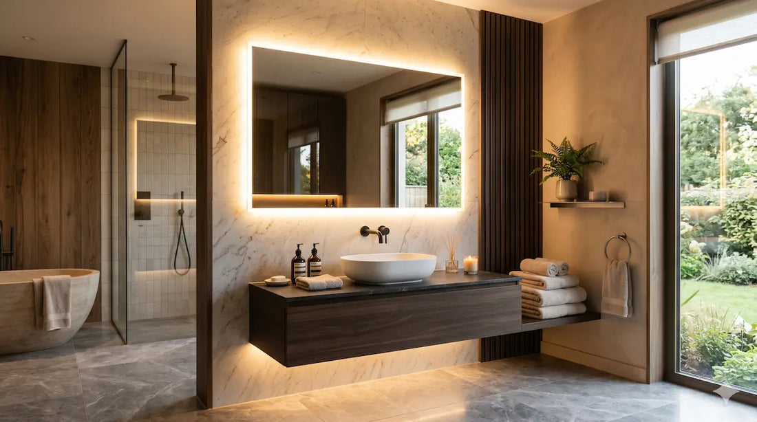 Modern LED bathroom mirror improving lighting in luxury Pakistani bathroom