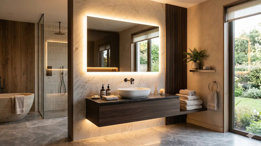 Modern LED bathroom mirror improving lighting in luxury Pakistani bathroom