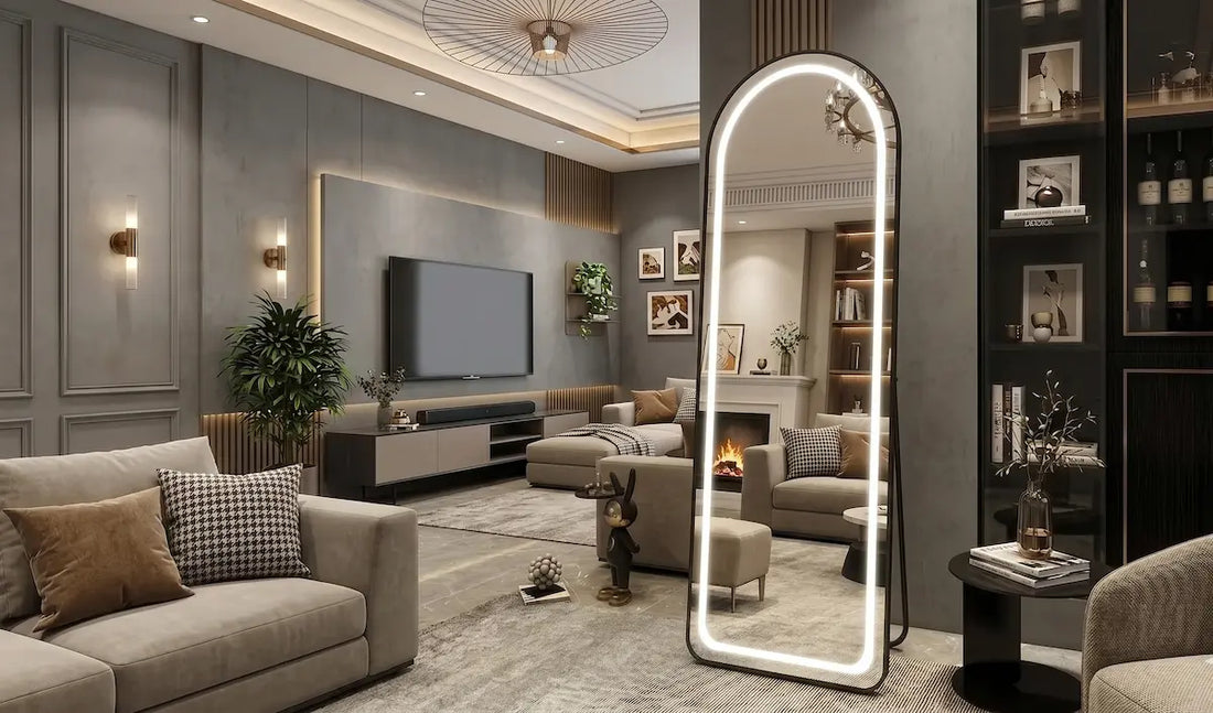 Standing mirror placement idea in modern living room interior