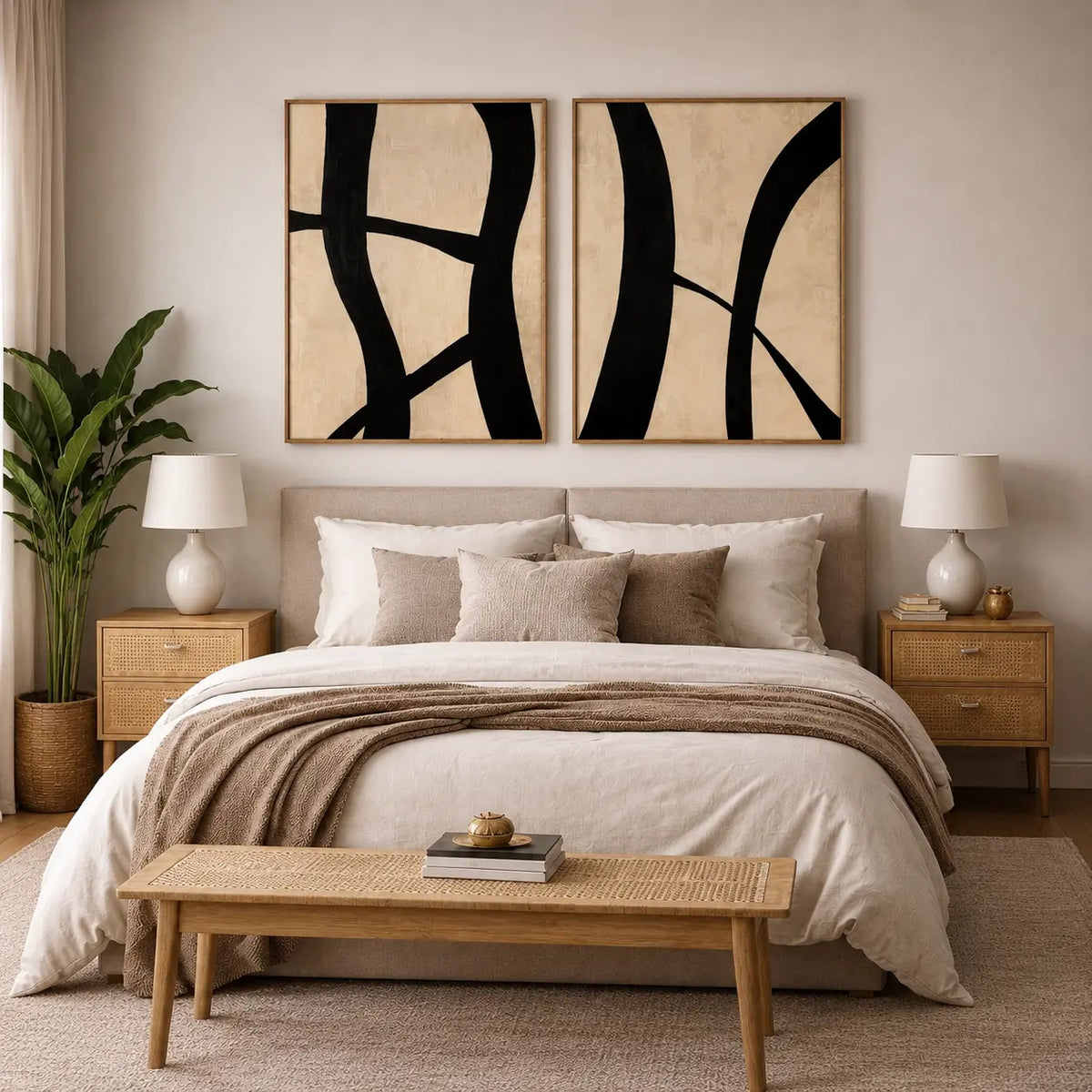 2 Piece Abstract Canvas Wall Art featuring bold black abstract line artwork with warm neutral tones for modern home interiors.