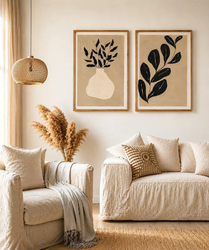 2 piece wall art for living room featuring botanical floral artwork in wooden frames by Decorsz Pakistan.