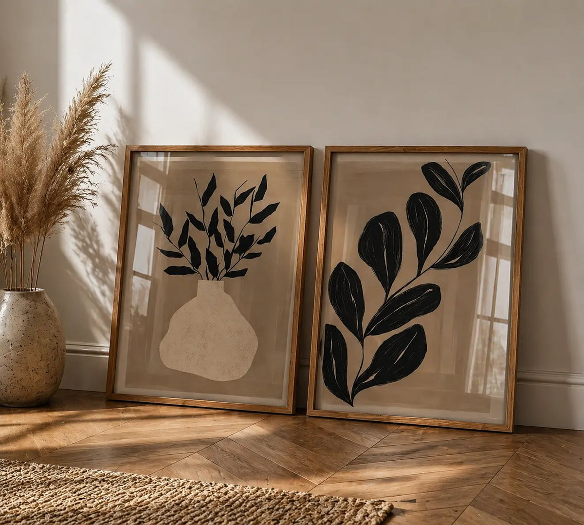 2 piece wall art for living room with botanical floral artwork in wooden frames