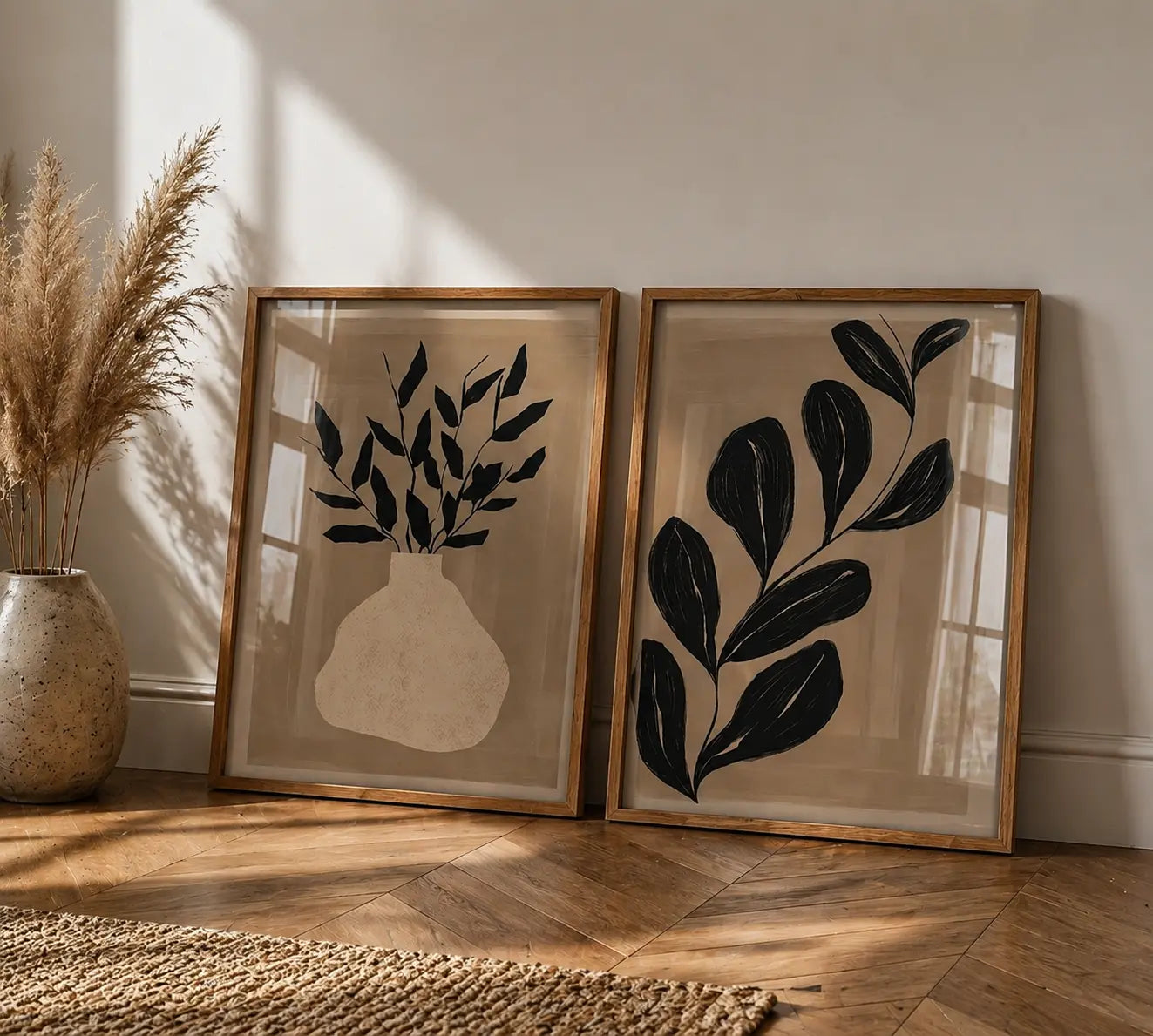 2 piece wall art for living room with botanical floral artwork in wooden frames