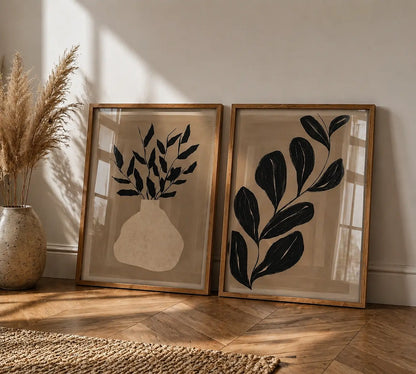 2 piece wall art for living room with botanical floral artwork in wooden frames