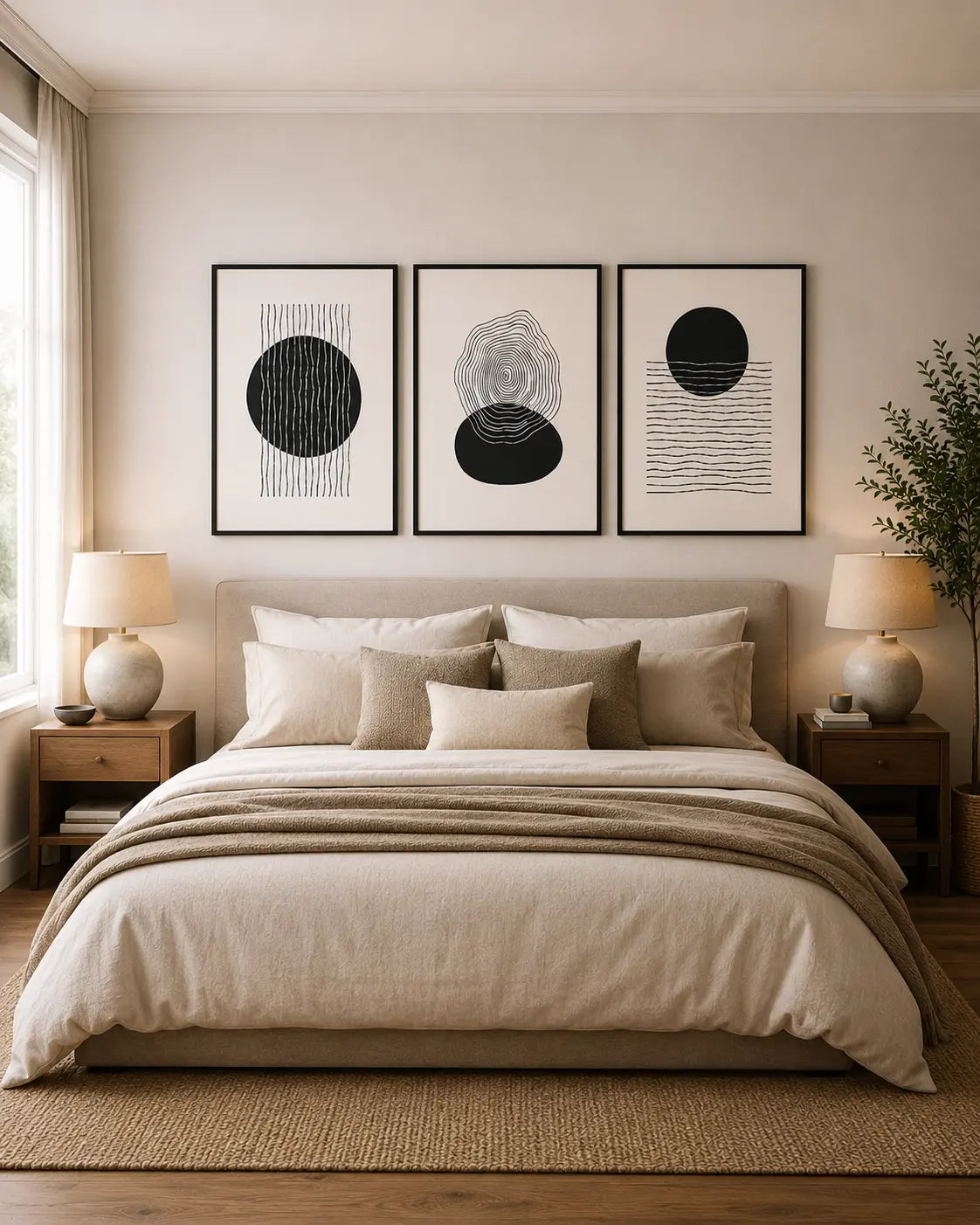 3 piece abstract wall art in black and white featuring geometric circular forms and linework above a bedroom headboard by Decorsz Pakistan.