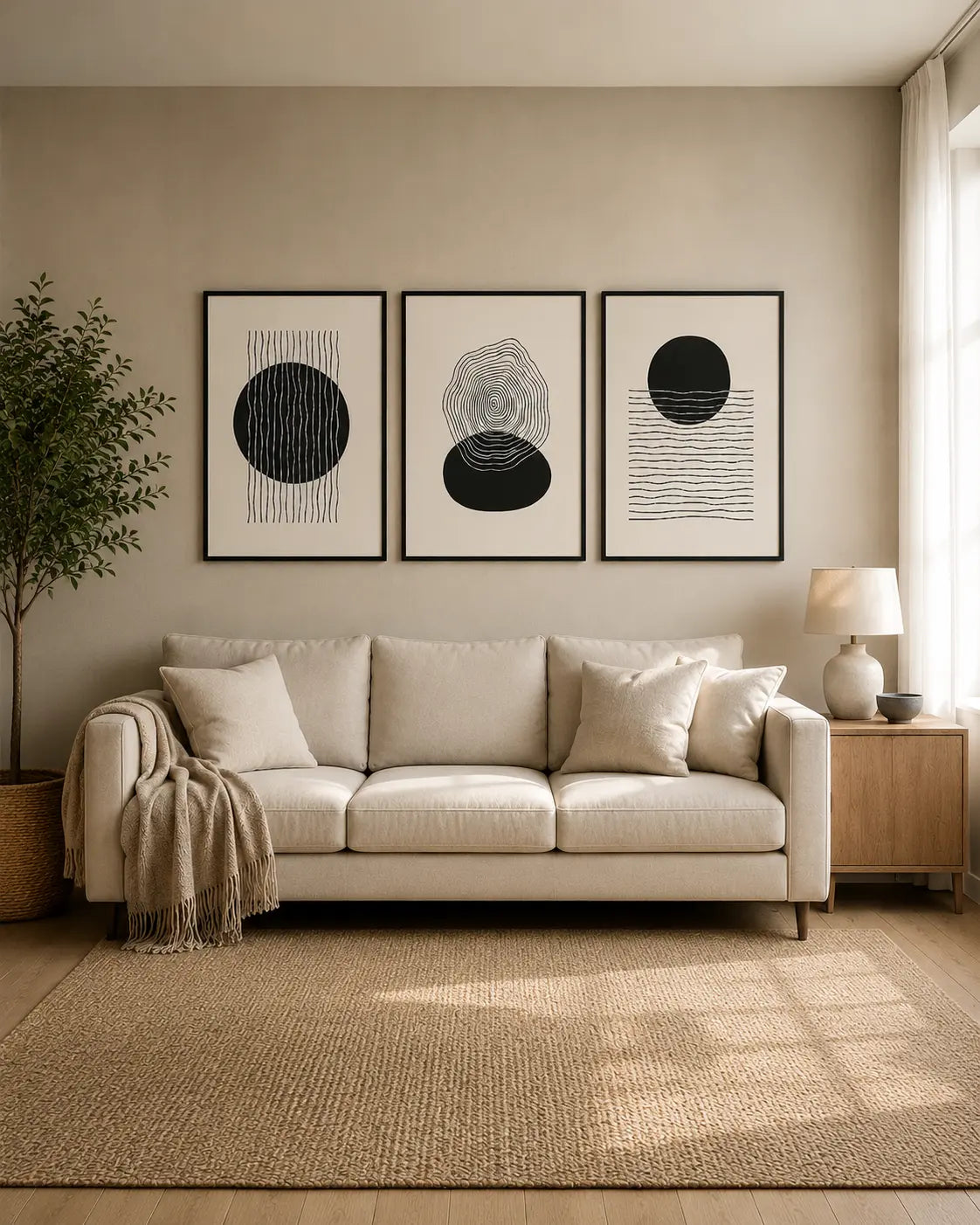 3 piece abstract wall art with black and white geometric artwork in framed panels
