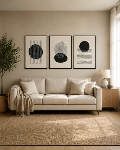 3 piece abstract wall art with black and white geometric artwork in framed panels