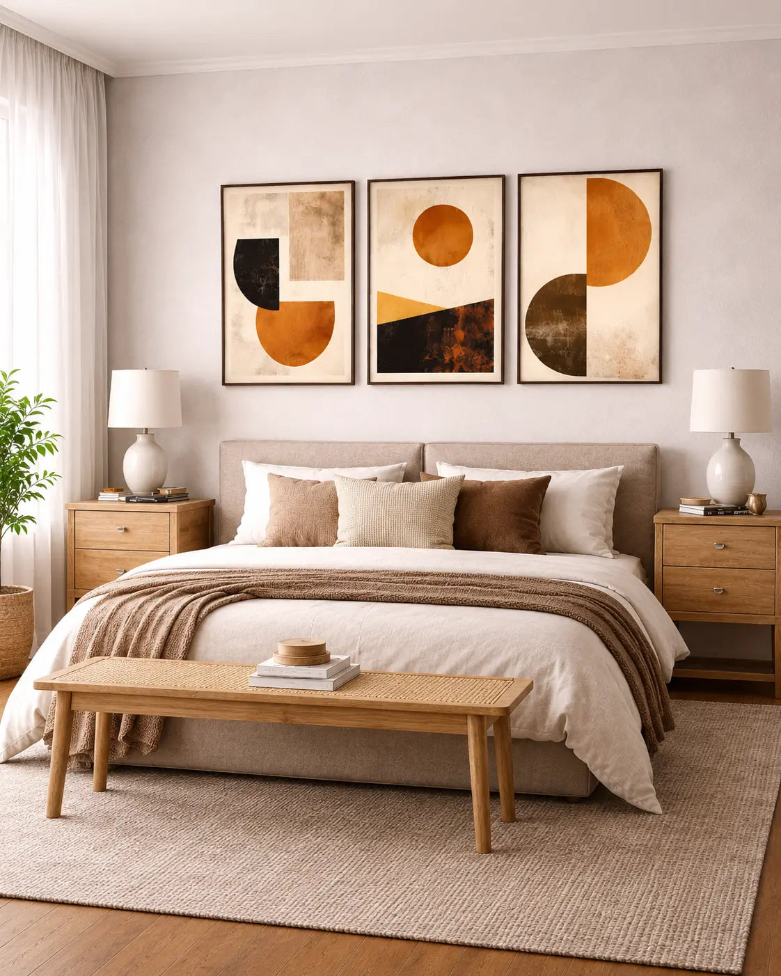 3 piece abstract wall art set with warm neutral geometric artwork above a modern bedroom bed