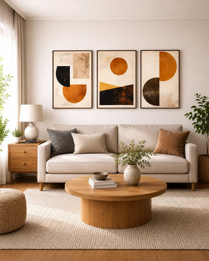 3 piece abstract wall art featuring warm neutral and black geometric shapes in wooden frames above a living room headboard by Decorsz Pakistan.