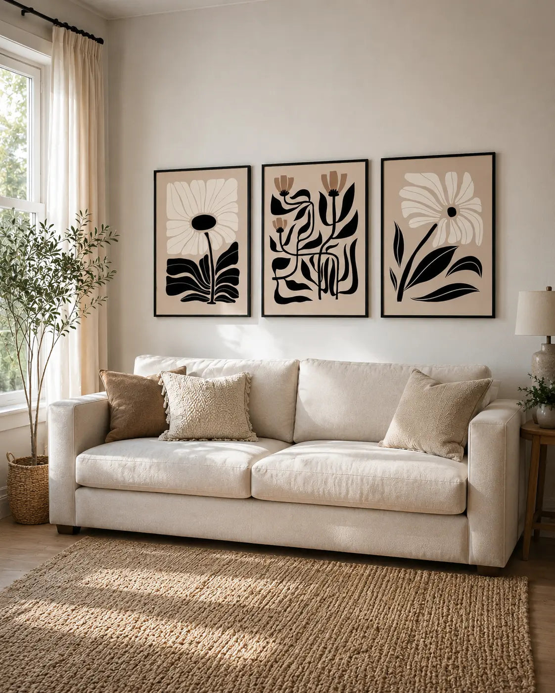 3 piece framed wall art set with botanical artwork above a living room sofa