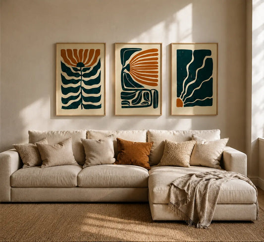 3 piece modern wall art with abstract floral designs in teal and terracotta