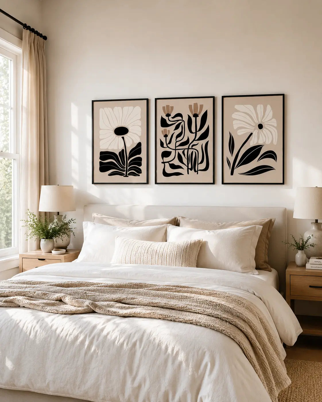 3 piece framed wall art set with botanical artwork above a bedroom