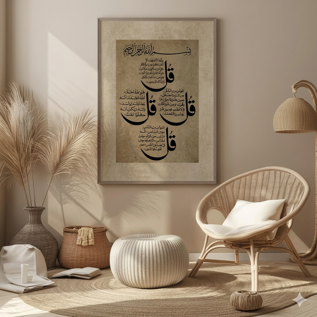 4 Qul wall art frame featuring Arabic calligraphy of the four Qul Surahs on a warm beige background in a wooden frame by Decorsz Pakistan.
