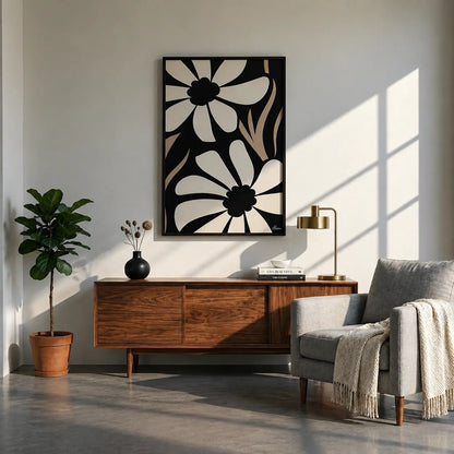 Black and white floral wall art featuring oversized botanical flower petals in a modern frame by Decorsz Pakistan.