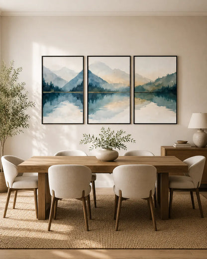 Three-piece blue mountain landscape wall art featuring soft blue and green mountain scenery, lake reflections and dark frames styled above a modern dinning room.