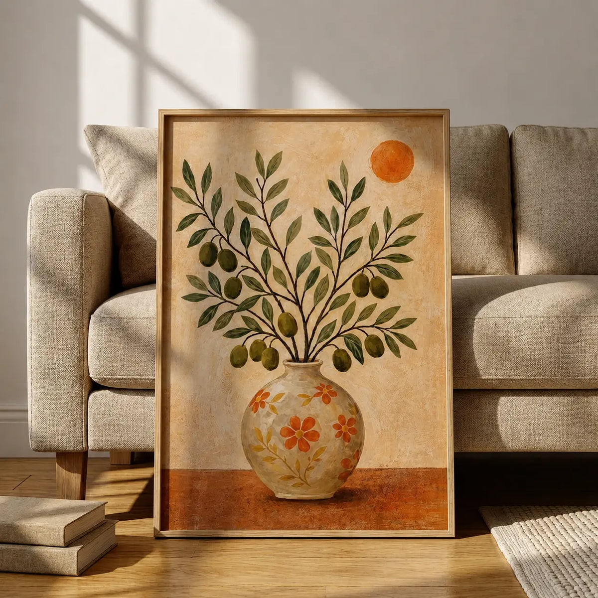 Botanical wall art featuring a decorative floral vase with leafy branches in a wooden frame by Decorsz Pakistan.