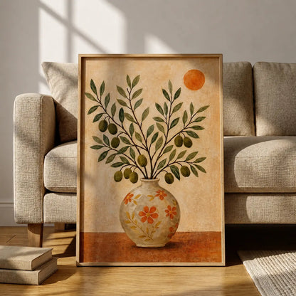 Botanical wall art featuring a decorative floral vase with leafy branches in a wooden frame by Decorsz Pakistan.