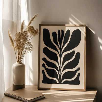 minimal black leaf canvas painting in white frame for modern wall decor