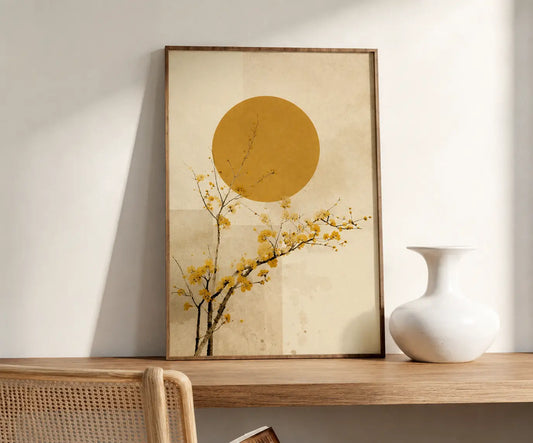 minimal golden canvas painting with botanical design in wooden frame