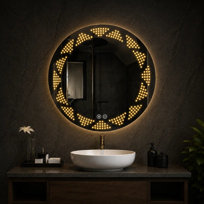 bathroom led mirror with decorative circular light pattern