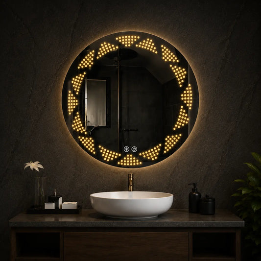 bathroom led mirror with decorative circular light pattern