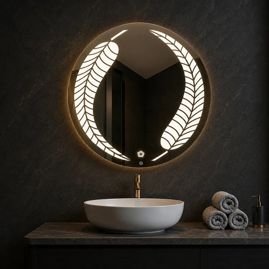 round bathroom mirror with leaf style led lighting