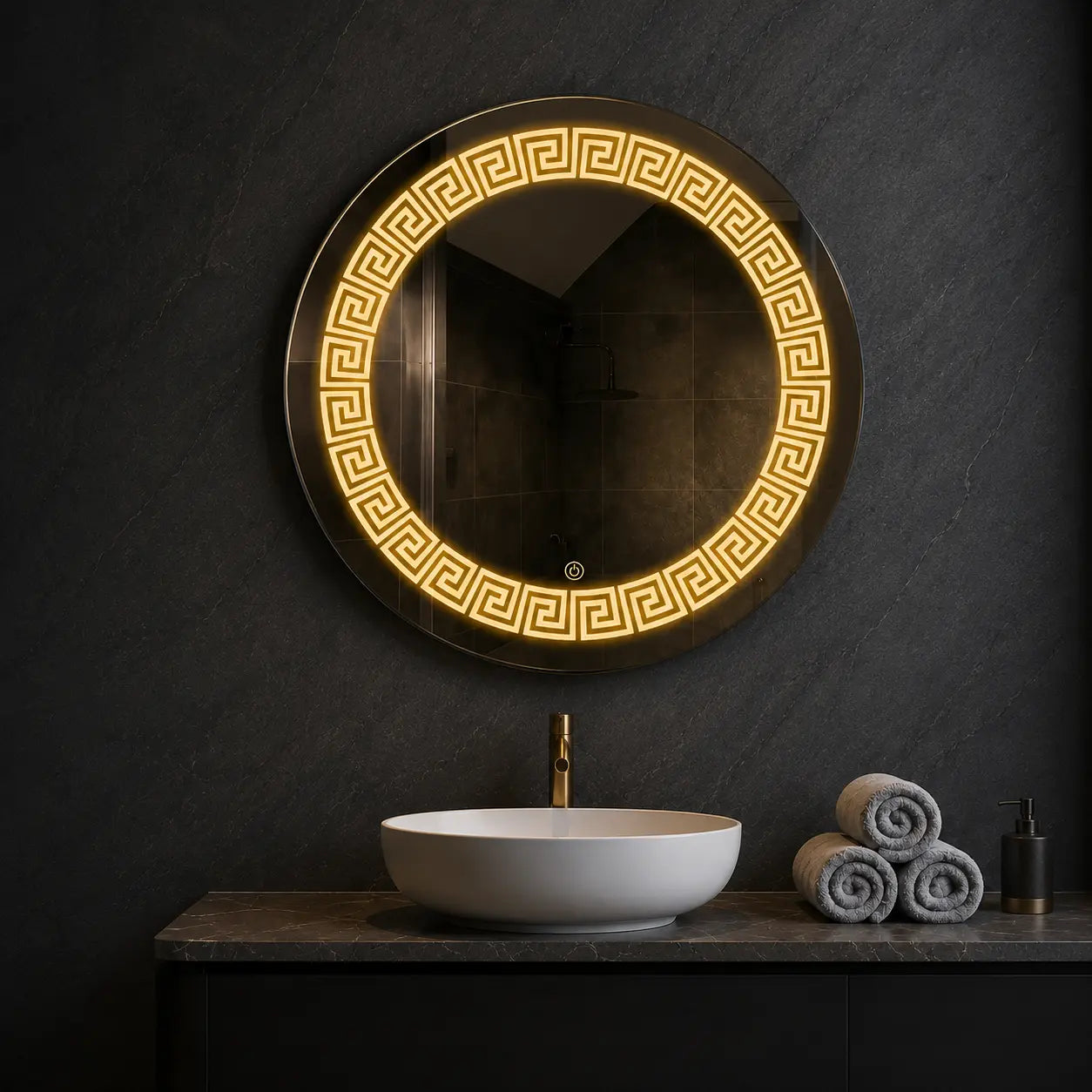 Round LED Bathroom Mirror with Decorative Border Light