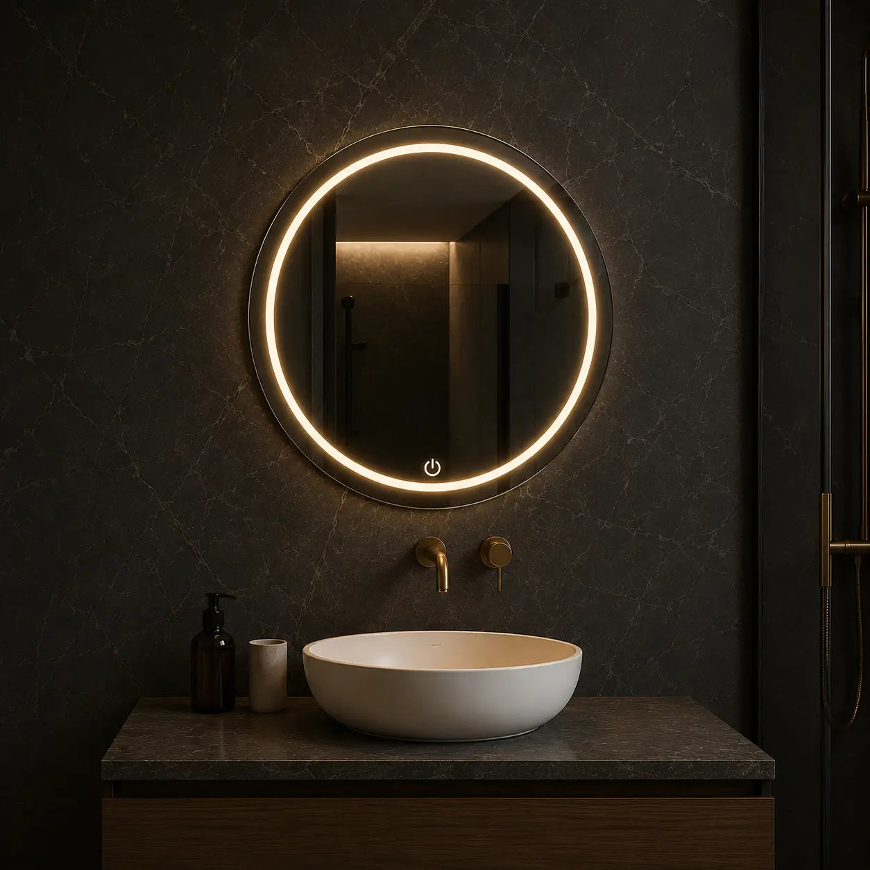 bathroom led mirror with soft circular light mounted above vanity sink