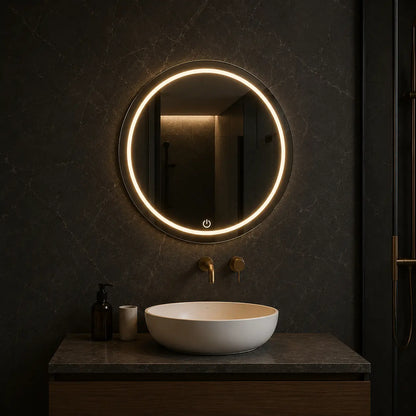 bathroom led mirror with soft circular light mounted above vanity sink