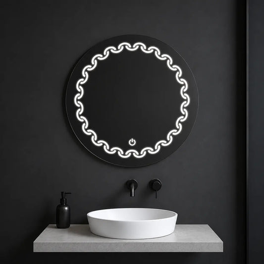 mirror for bathroom with light and decorative circular led border above vanity sink