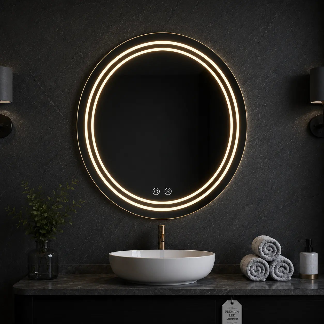 Round LED Bathroom Mirror with Layered Light Ring