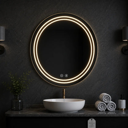 Round LED Bathroom Mirror with Layered Light Ring