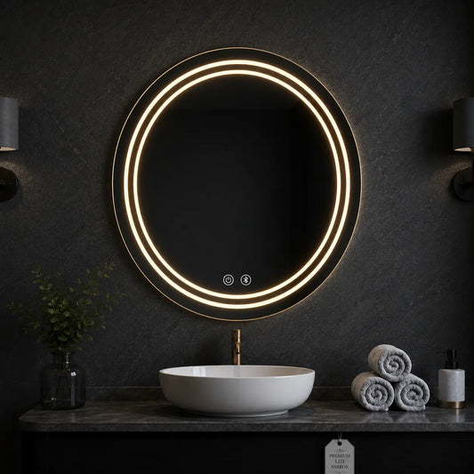 Round LED Bathroom Mirror with Layered Light Ring