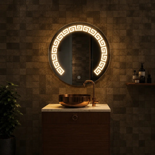 Round illuminated mirror in a bathroom setting with a sink and decorative plant.