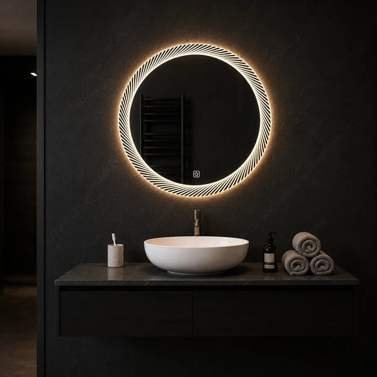 led bathroom mirror with decorative leaf border lighting