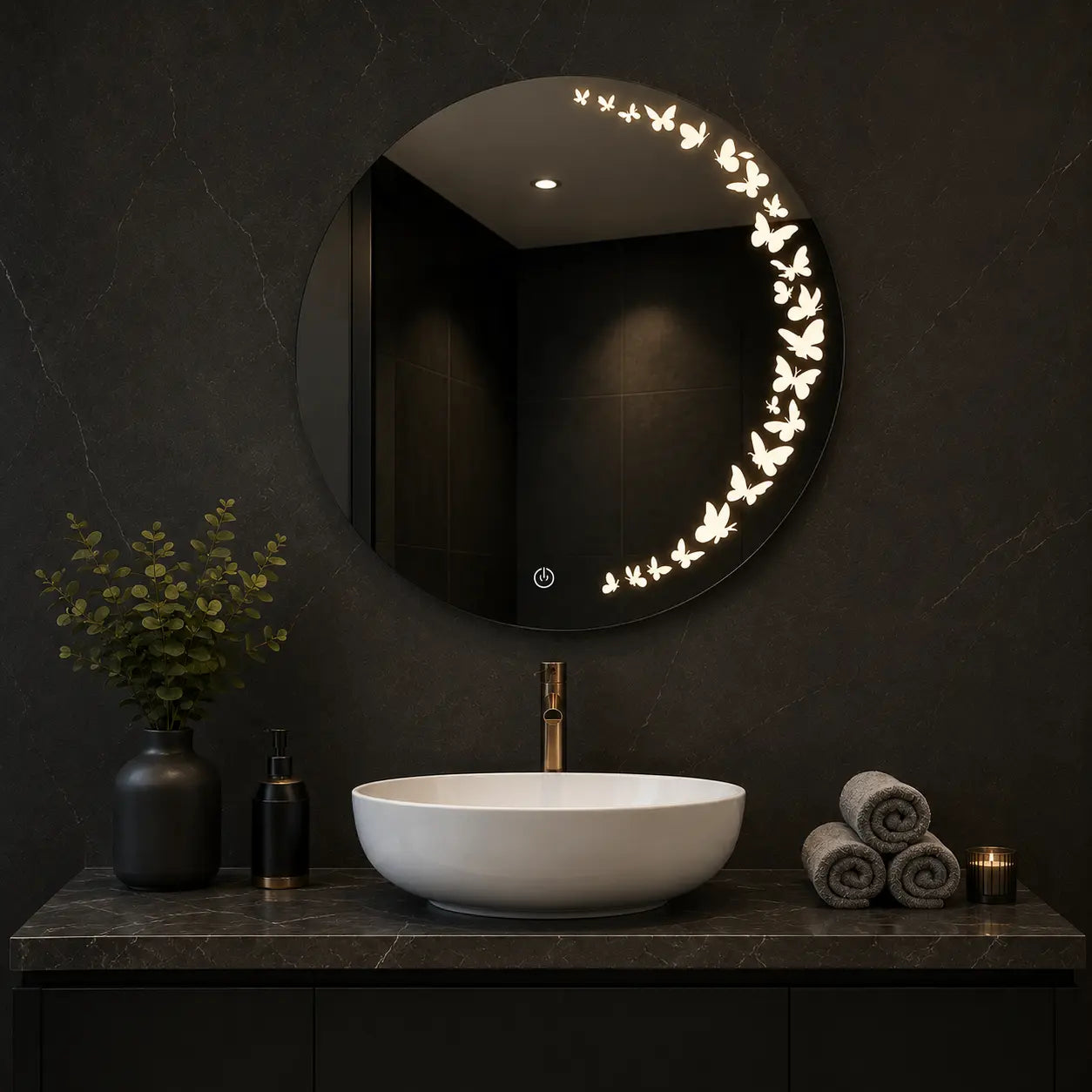 Round decorative mirror with butterfly design on a wooden wall