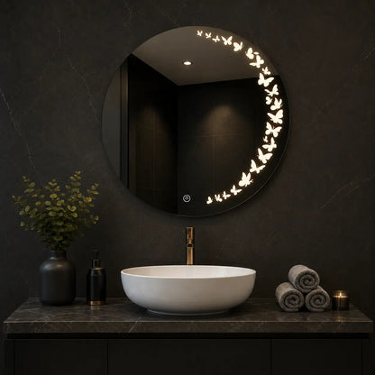Round decorative mirror with butterfly design on a wooden wall